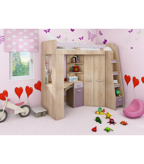 Łóżko piętrowe Antresola P z biurkiem i szafą Sonoma jasna/Lawenda/Fiolet