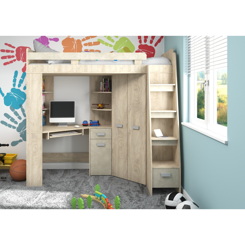 Łóżko piętrowe Antresola P z biurkiem i szafą Dąb Endgrain/granada migdał
