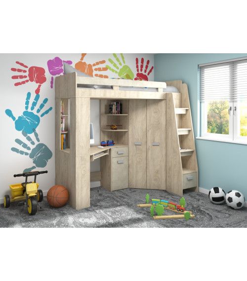 Łóżko piętrowe Antresola P z biurkiem i szafą Dąb Endgrain/granada migdał