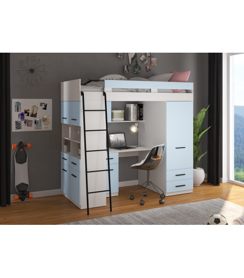 Łóżko piętrowe Level L z biurkiem i szafą Biały/Błękit