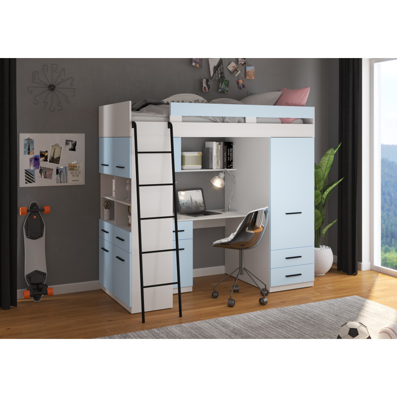 Łóżko piętrowe Level L z biurkiem i szafą Biały/Błękit
