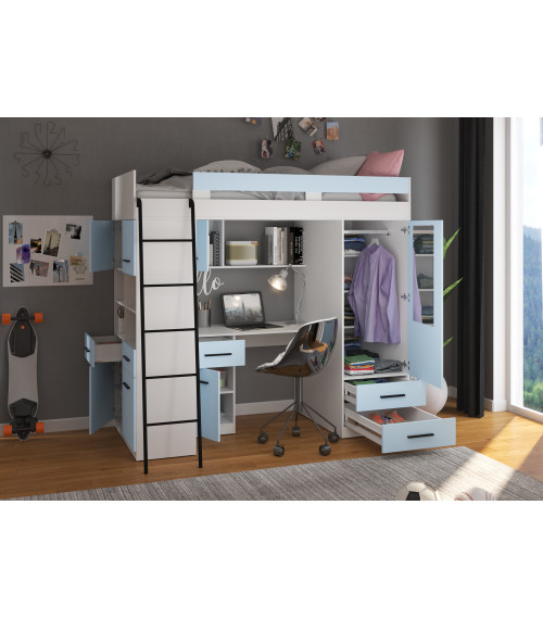 Łóżko piętrowe Level L z biurkiem i szafą Biały/Błękit