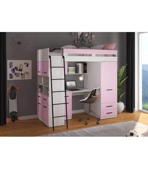 Łóżko piętrowe Level L z biurkiem i szafą Biały/Lawenda