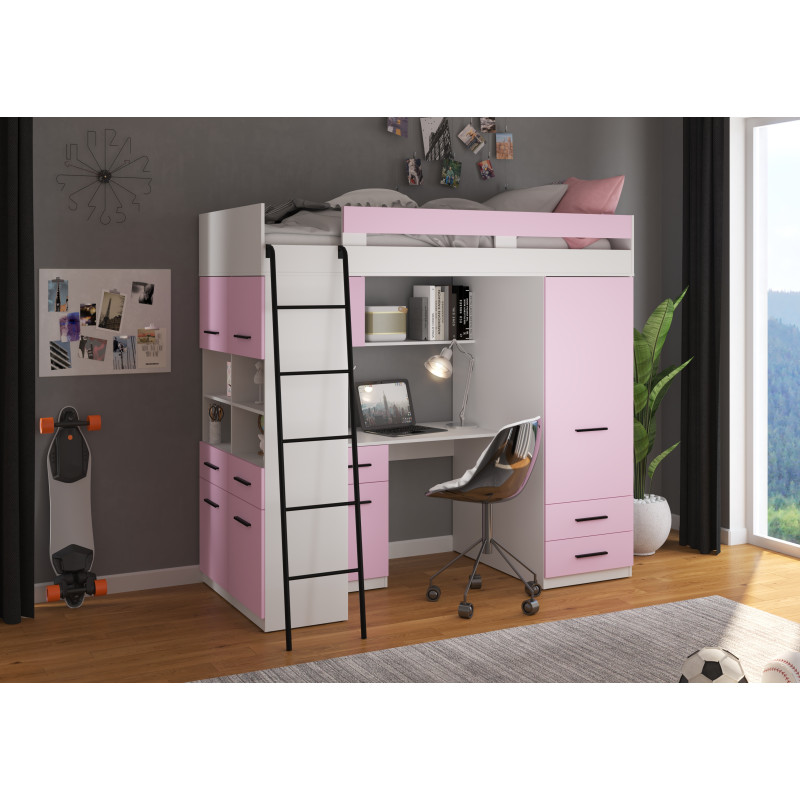 Łóżko piętrowe Level L z biurkiem i szafą Biały/Lawenda