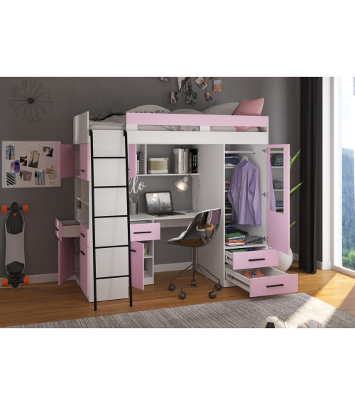 Łóżko piętrowe Level L z biurkiem i szafą Biały/Lawenda