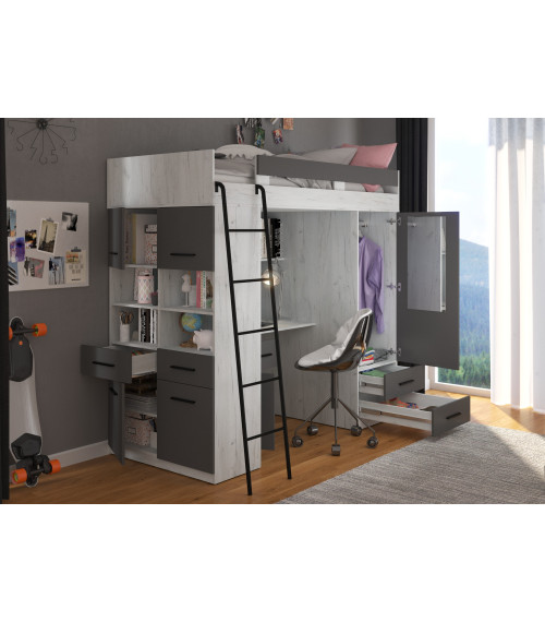Łóżko piętrowe Level L z biurkiem i szafą Craft biały/Grafit