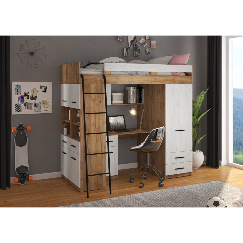 Łóżko piętrowe Level L z biurkiem i szafą Craft złoty/Craft biały
