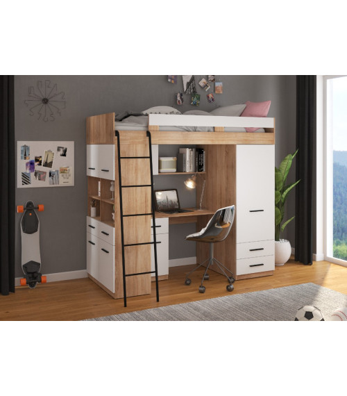 Łóżko piętrowe Level L z biurkiem i szafą Sonoma jasna/Biały