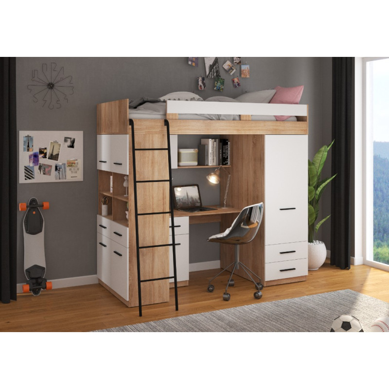 Łóżko piętrowe Level L z biurkiem i szafą Sonoma jasna/Biały