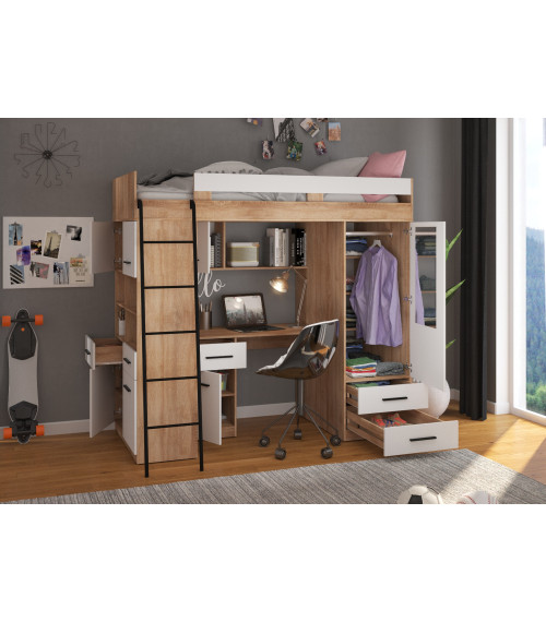 Łóżko piętrowe Level L z biurkiem i szafą Sonoma jasna/Biały