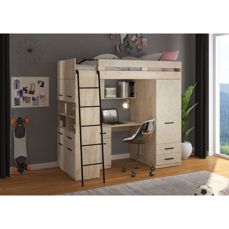 Łóżko piętrowe Level L z biurkiem i szafą Dąb Endgrain/Granada migdał