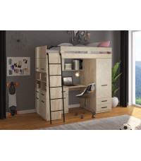Łóżko piętrowe Level L z biurkiem i szafą Dąb Endgrain/Granada migdał