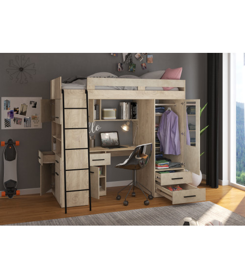 Łóżko piętrowe Level L z biurkiem i szafą Dąb Endgrain/Granada migdał