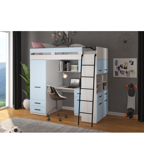 Łóżko piętrowe Level P z biurkiem i szafą Biały/Błękit