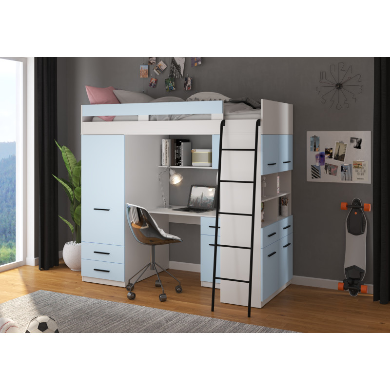 Łóżko piętrowe Level P z biurkiem i szafą Biały/Błękit