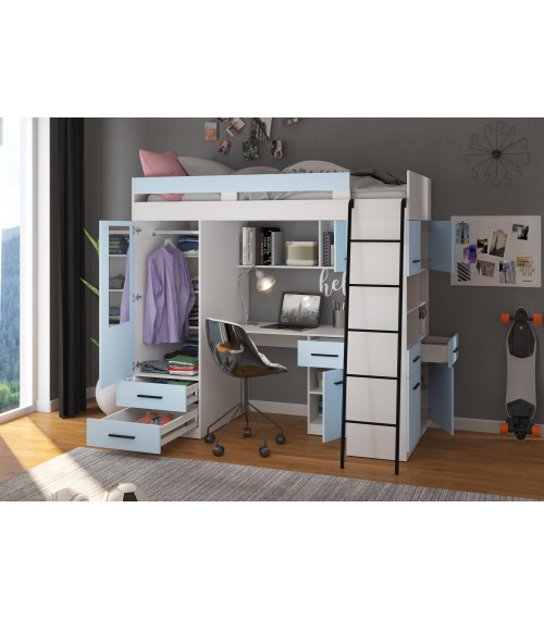 Łóżko piętrowe Level P z biurkiem i szafą Biały/Błękit