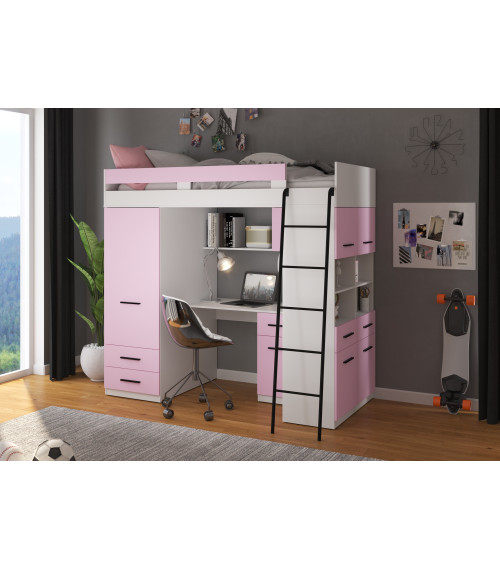 Łóżko piętrowe Level P z biurkiem i szafą Biały/Lawenda