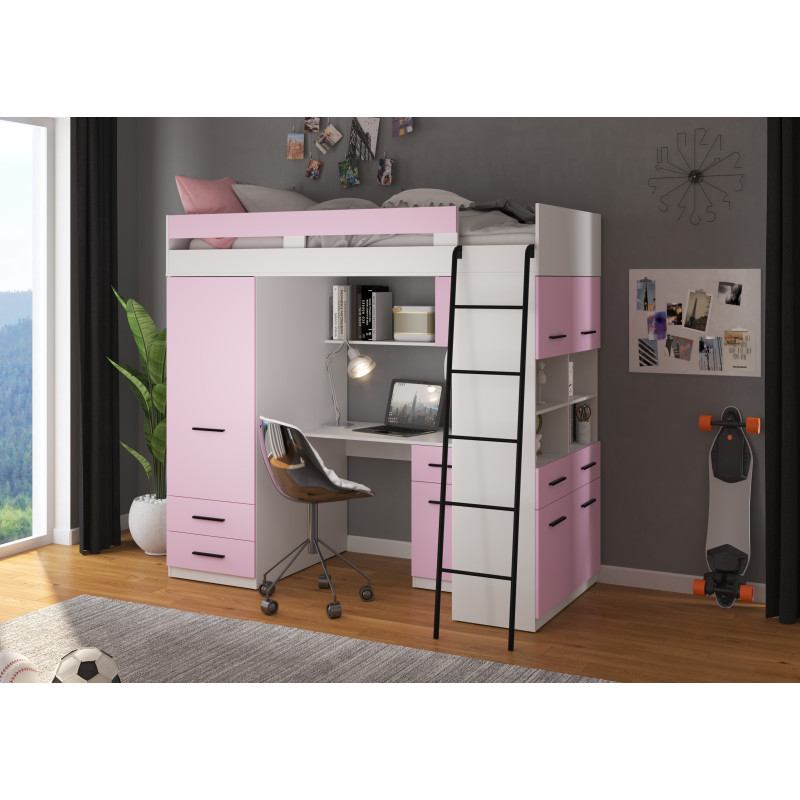 Łóżko piętrowe Level P z biurkiem i szafą Biały/Lawenda