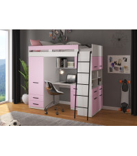 Łóżko piętrowe Level P z biurkiem i szafą Biały/Lawenda