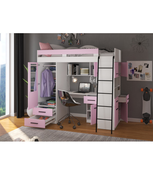 Łóżko piętrowe Level P z biurkiem i szafą Biały/Lawenda