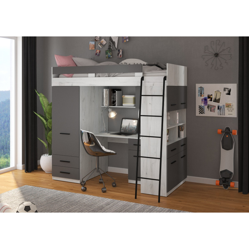 Łóżko piętrowe Level P z biurkiem i szafą Craft biały/Grafit