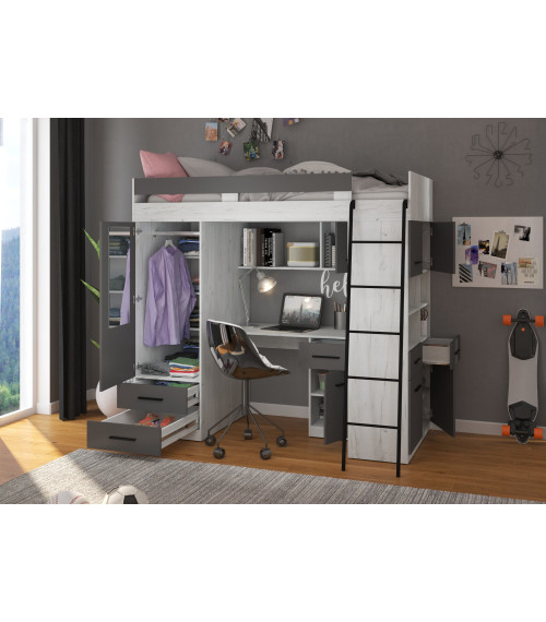 Łóżko piętrowe Level P z biurkiem i szafą Craft biały/Grafit