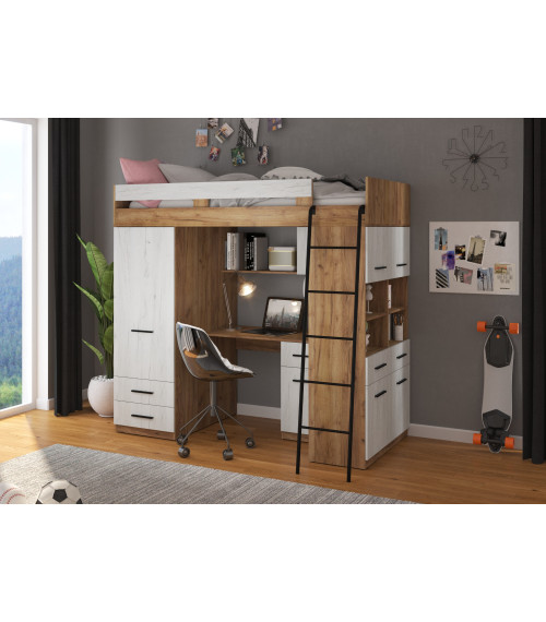 Łóżko piętrowe Level P z biurkiem i szafą Craft złoty/Craft biały