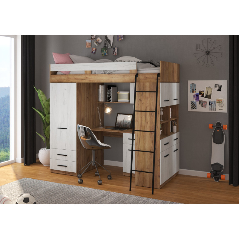 Łóżko piętrowe Level P z biurkiem i szafą Craft złoty/Craft biały