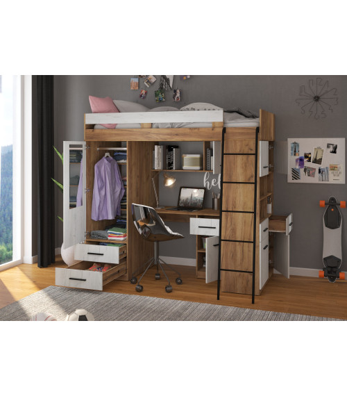 Łóżko piętrowe Level P z biurkiem i szafą Craft złoty/Craft biały
