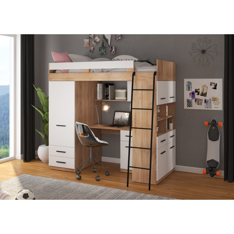Łóżko piętrowe Level P z biurkiem i szafą Sonoma jasna/Biały