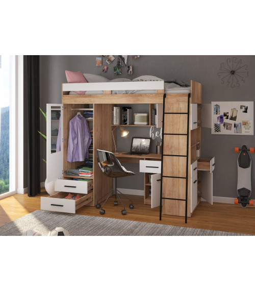 Łóżko piętrowe Level P z biurkiem i szafą Sonoma jasna/Biały