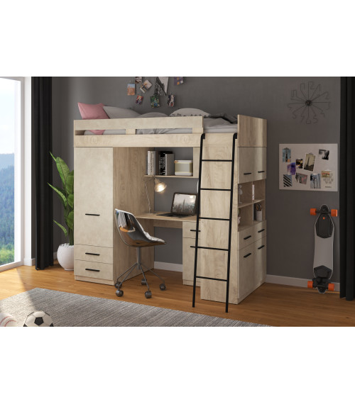 Łóżko piętrowe Level P z biurkiem i szafą Dąb Endgrain/Granada migdał