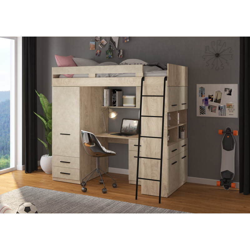 Łóżko piętrowe Level P z biurkiem i szafą Dąb Endgrain/Granada migdał