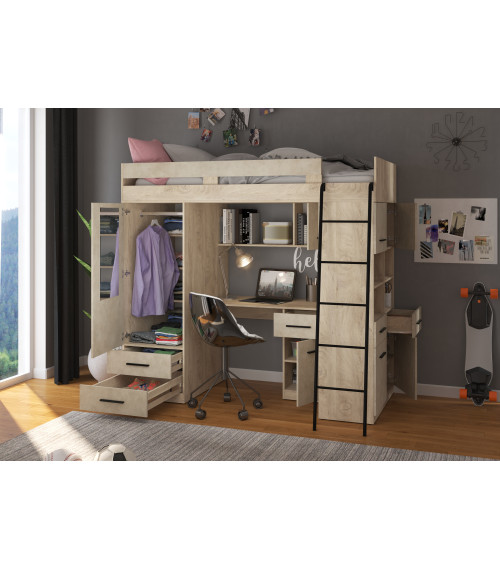 Łóżko piętrowe Level P z biurkiem i szafą Dąb Endgrain/Granada migdał
