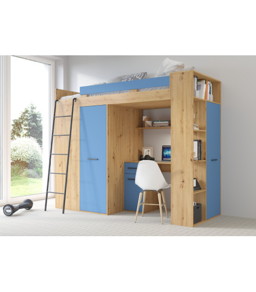 Łóżko piętrowe Verana L z biurkiem i szafą Dąb Artisan/Niebieski