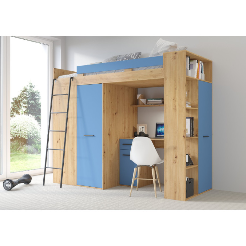 Łóżko piętrowe Verana L z biurkiem i szafą Dąb Artisan/Niebieski
