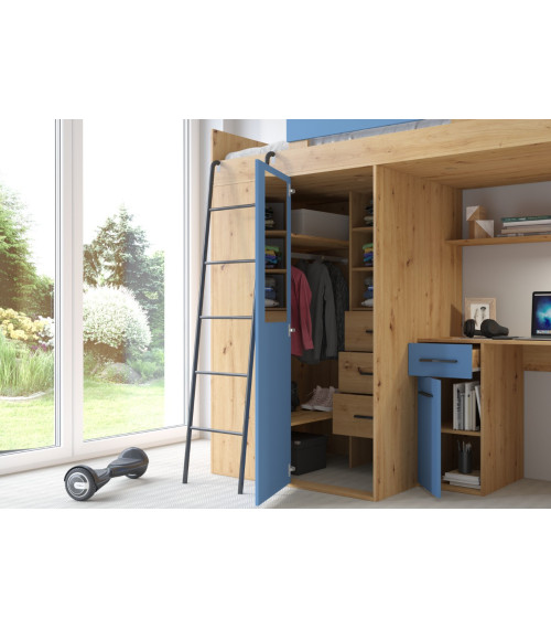 Łóżko piętrowe Verana L z biurkiem i szafą Dąb Artisan/Niebieski