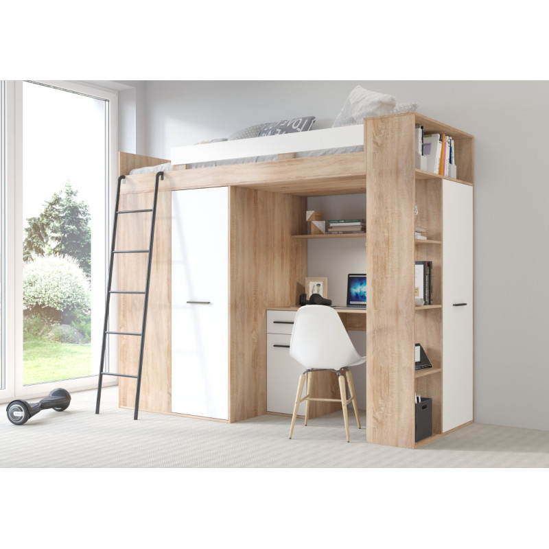 Łóżko piętrowe Verana L z biurkiem i szafą Sonoma jasna/Biały