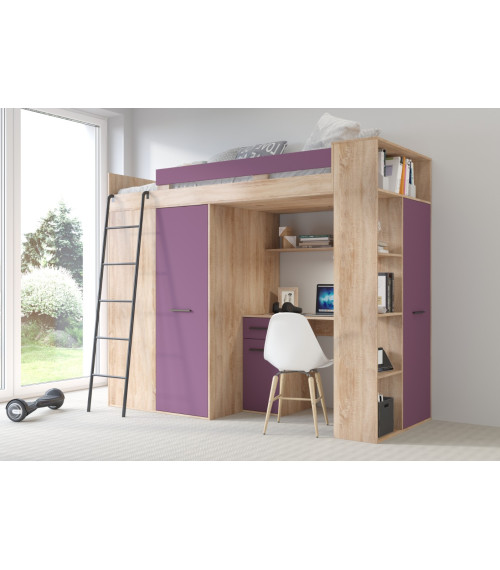 Łóżko piętrowe Verana L z biurkiem i szafą Sonoma jasna/Fiolet