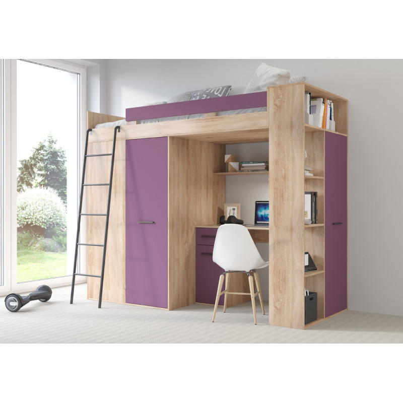 Łóżko piętrowe Verana L z biurkiem i szafą Sonoma jasna/Fiolet
