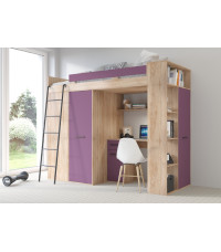 Łóżko piętrowe Verana L z biurkiem i szafą Sonoma jasna/Fiolet