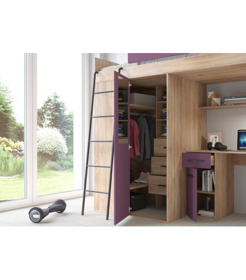 Łóżko piętrowe Verana L z biurkiem i szafą Sonoma jasna/Fiolet