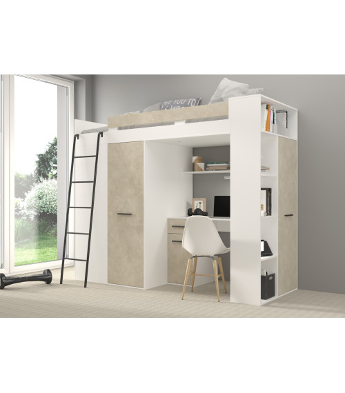 Łóżko piętrowe Verana L z biurkiem i szafą Biały/Granada migdał