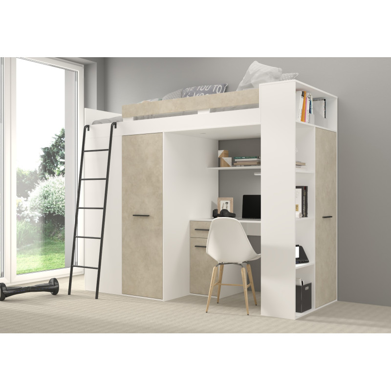 Łóżko piętrowe Verana L z biurkiem i szafą Biały/Granada migdał