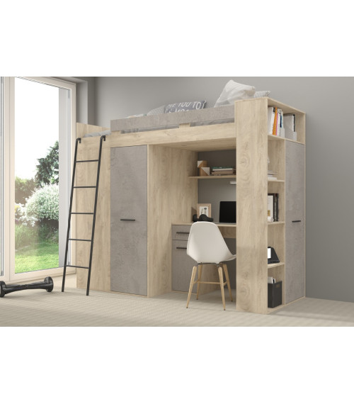 Łóżko piętrowe Verana L z biurkiem i szafą Dąb Endgrain/Beton szary