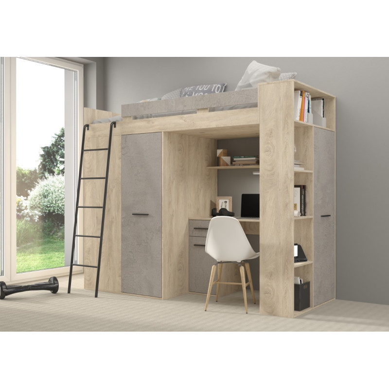 Łóżko piętrowe Verana L z biurkiem i szafą Dąb Endgrain/Beton szary