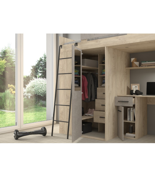 Łóżko piętrowe Verana L z biurkiem i szafą Dąb Endgrain/Beton szary