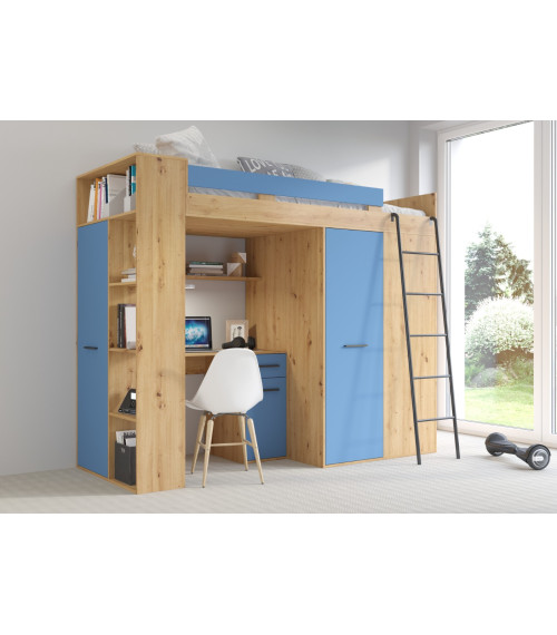 Łóżko piętrowe Verana P z biurkiem i szafą Dąb Artisan/Niebieski