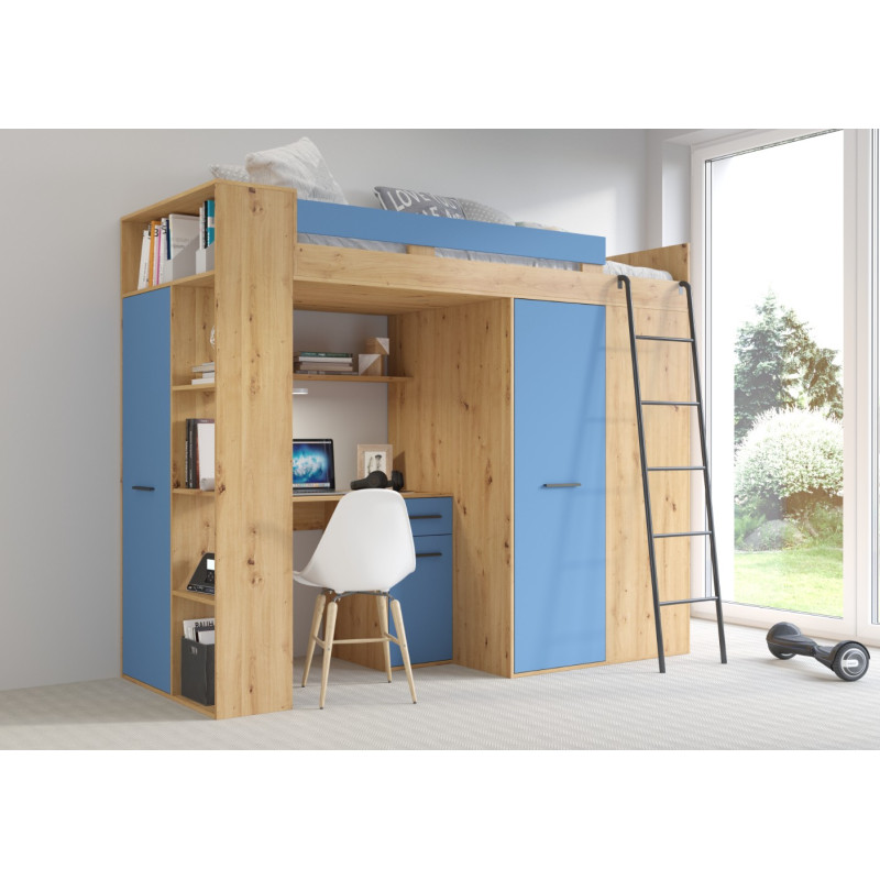 Łóżko piętrowe Verana P z biurkiem i szafą Dąb Artisan/Niebieski