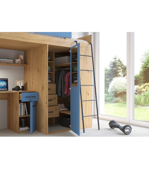 Łóżko piętrowe Verana P z biurkiem i szafą Dąb Artisan/Niebieski